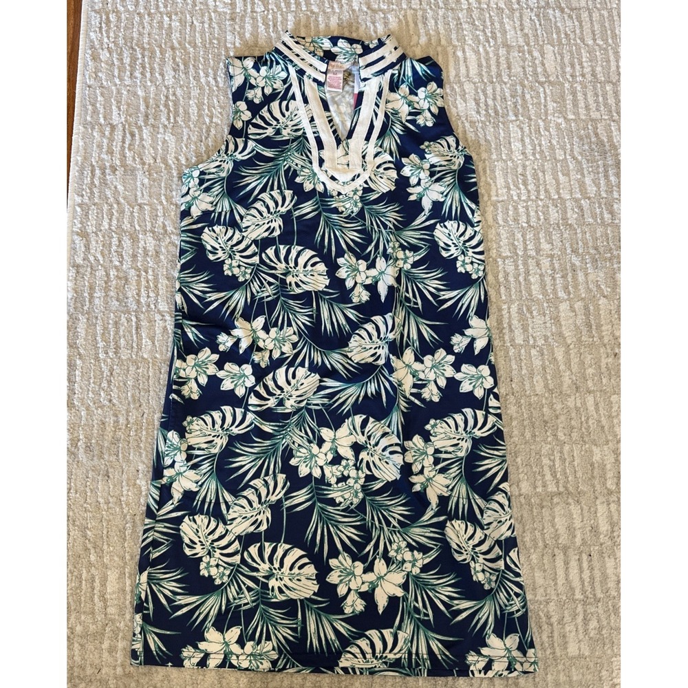Stella Parker Dress Blue Tropical Palm UPF50+ Sleeveless Pullover Pockets M NWT